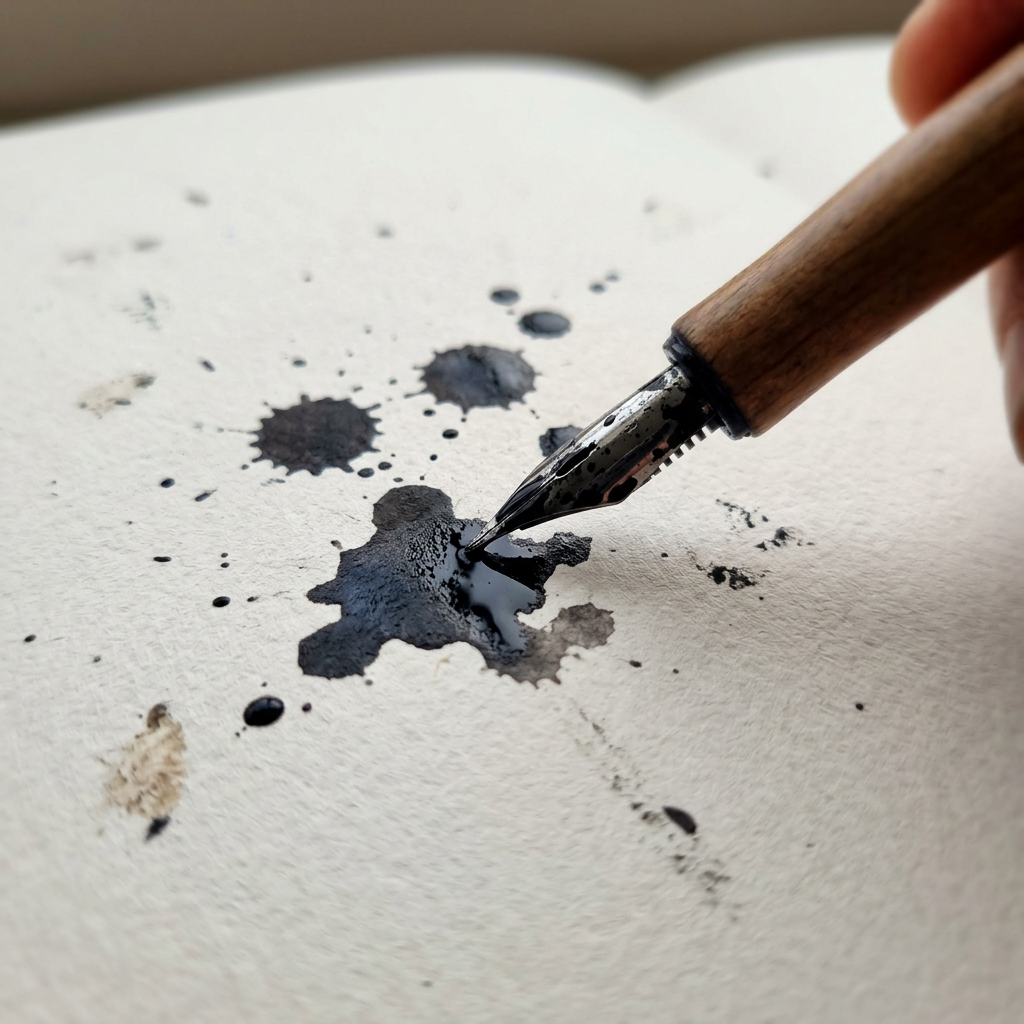 Fountain pen tip touching black ink spill and splatters on white textured paper.